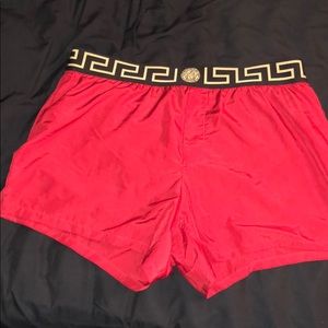 Versace Red Greek Key Border Swim Shorts